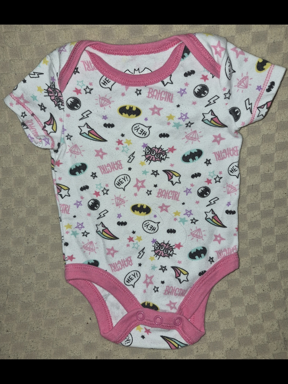 Baby One-Piece Bodysuit with Pink Trim and Superhero Print